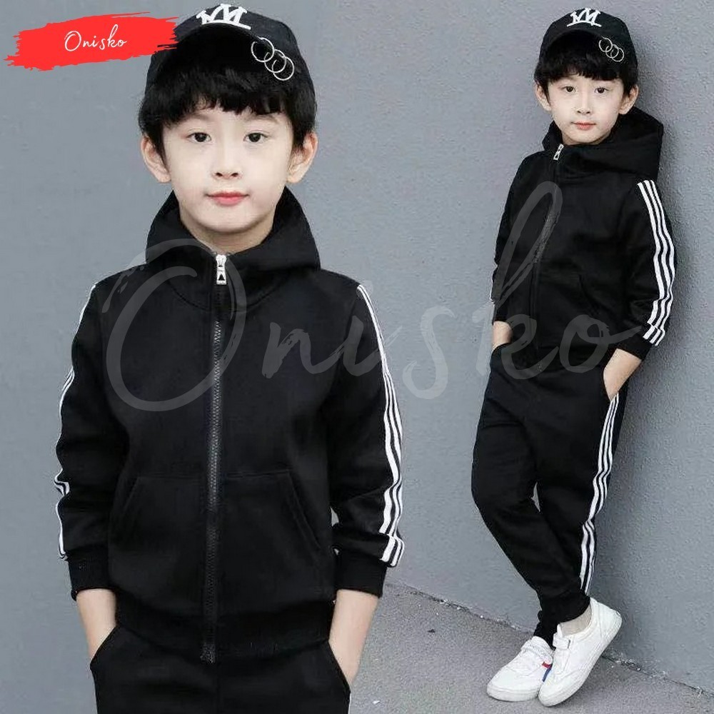 Jaket Hoodie Anak Laki Laki Perempuan Stripped Strip Garis Hodie Kupluk Olahraga Olah Raga Umur 2 -1