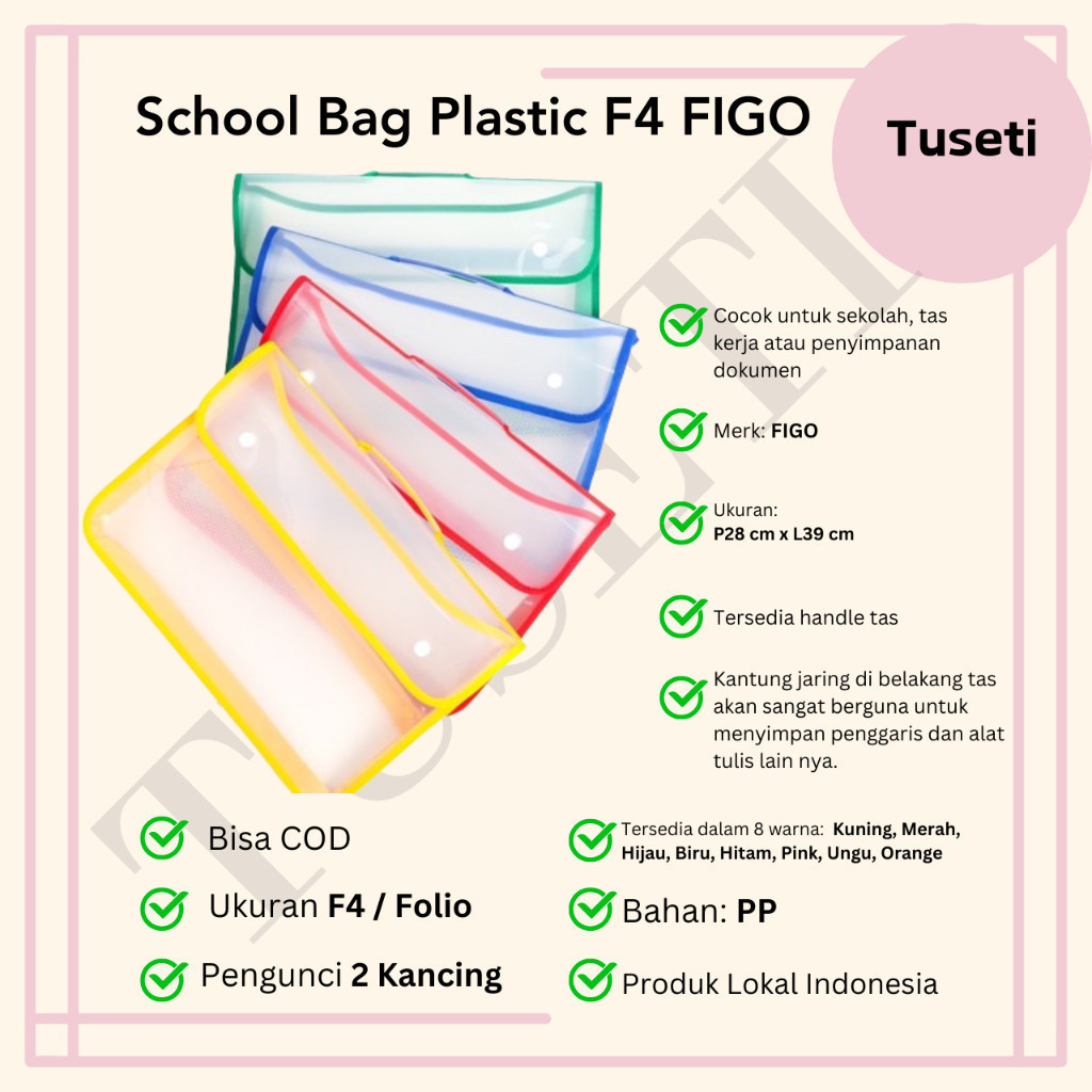 

School Bag F4 / Map Plastik Kantung Jaring di belakang/ Tas Kerja / Tas Sekolah Briefbag - FIGO