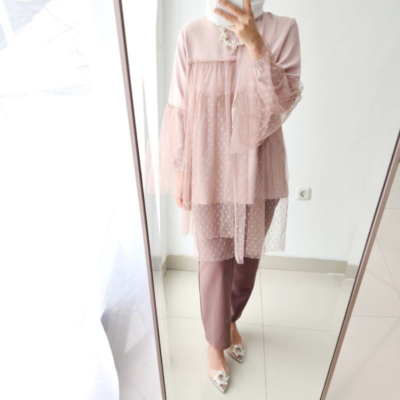 Emikoawa Tunik Tile Dot Baju Lebaran Kondangan Tille Mewah/ GAMIS MODEL BARU MURAH