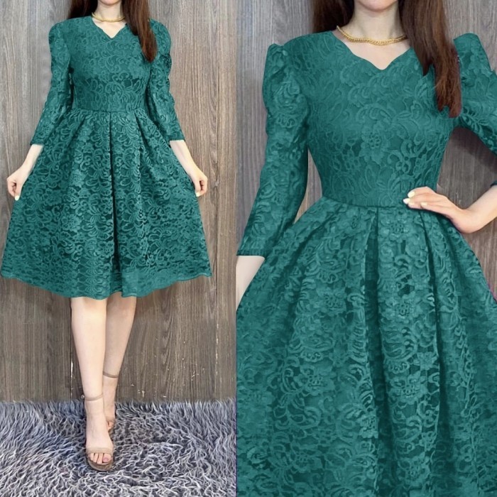 dress Agnetta hijau botol Baju kondangan dres pesta brukat  - M -Agr