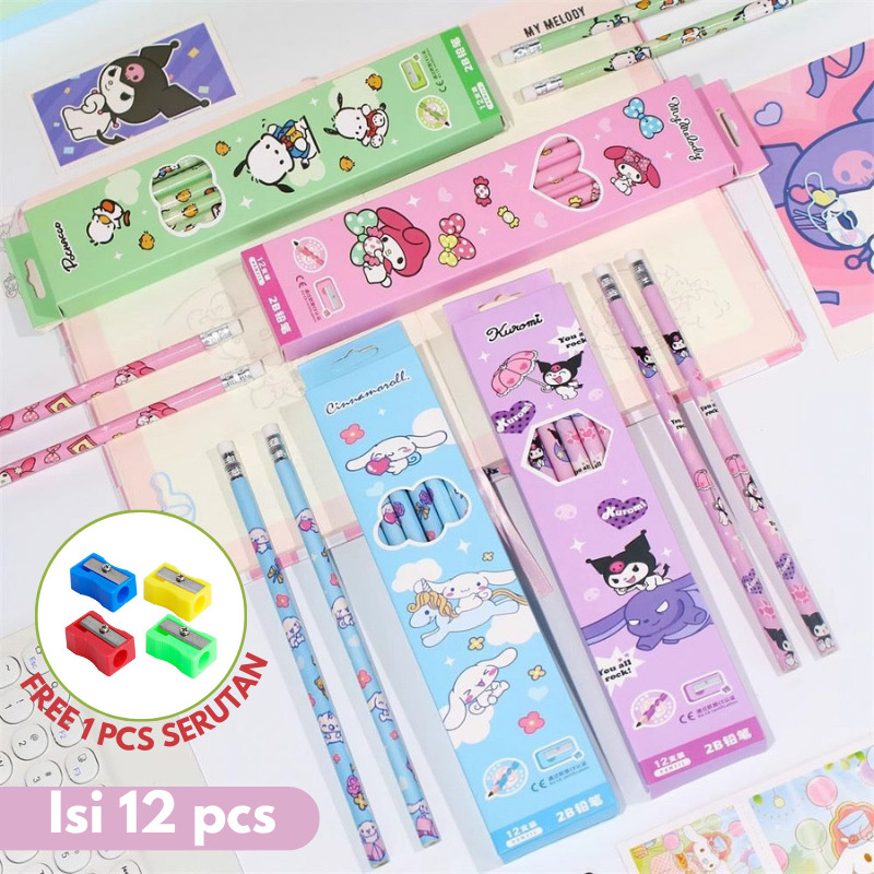 

PENSIL 2B MOTIF KUROMI LUCU / PENSIL 1 BOX ISI 12PCS BONUS SERUTAN
