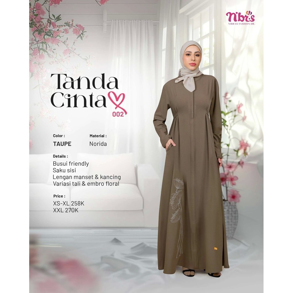 Nibras Tanda Cinta 002 Taupe Burgundy Norida Gamis Bordir Variasi Tali XS sd XXL