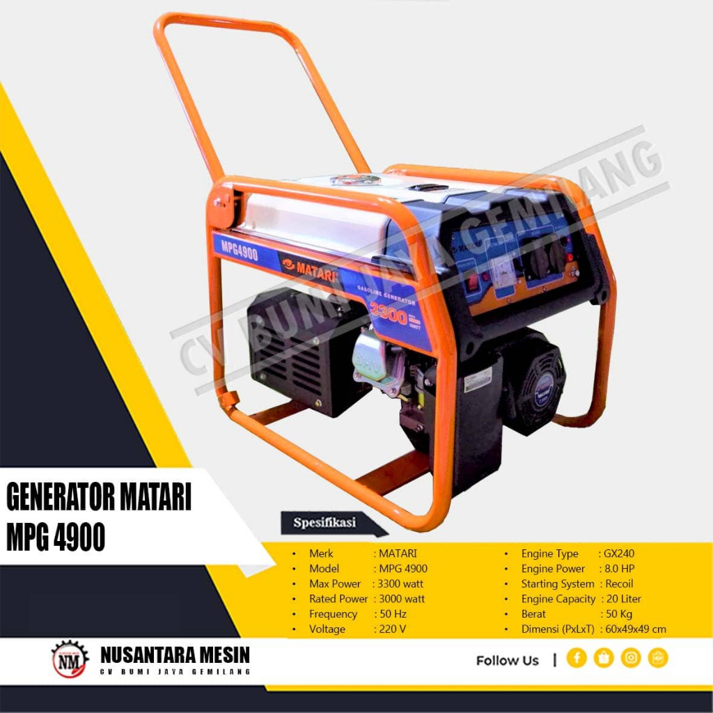 MESIN GENSET / GENERATOR MATARI MPG 4900 3000 WATT