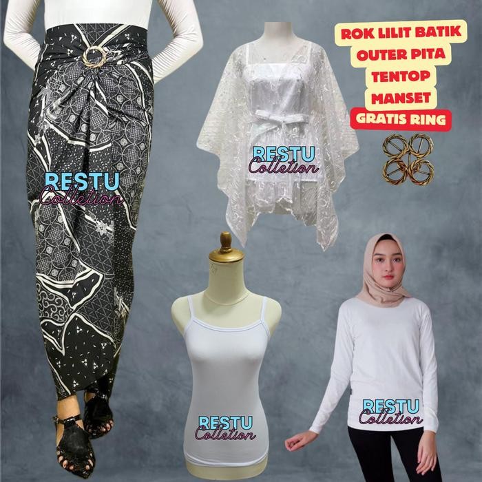 Oneset Rok Lilit Batik Motif AS Silver/(Outer Pita putih) dan Manset Wanita Kekinian Setelan Baju Ke