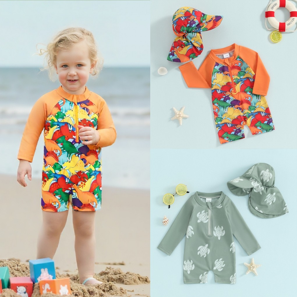 Baju Renang Anak Laki-laki Usia 0-3 Tahun dengan Pelindung Ruam, Baju Renang Lengan Panjang Motif Ku