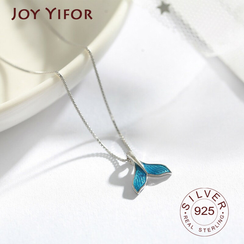 925 sterling silver Women Whale Necklace BlueTail Fish Nautical Chokers Charm Mermaid Tail Pendant N