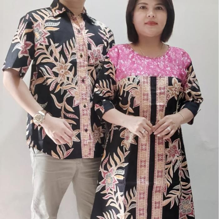 pakaian couple pria dan wanita kemeja dan dress kombinasi brukat DD batik CEMARA - couple hitam, xl