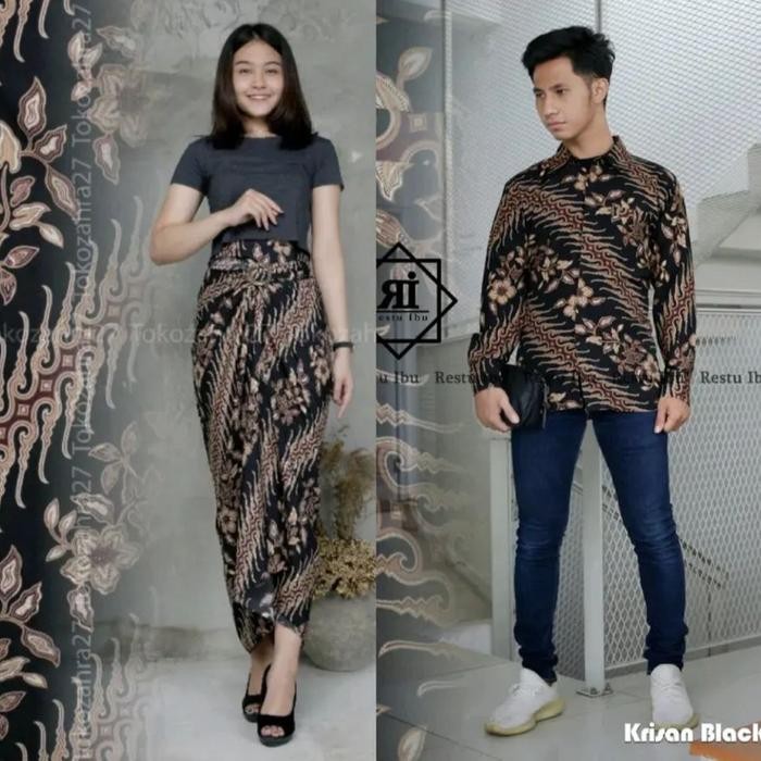 Couple Rok Lilit Wanita Dan Kemeja Lengan Panjang Pria Batik Bahan Premium Tebal Motif Cerry Mocca K