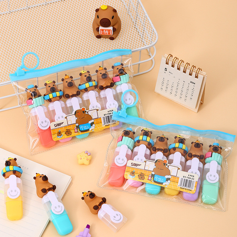 

6 Color Capybara Cartoon Stationery Oblique Highlighters Large Capacity Student Colored Fluorescent Note PenThick Markers Gift