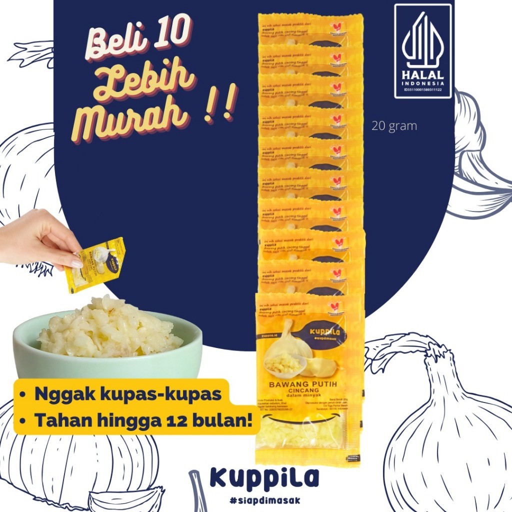 

KUPPILA - Bawang Putih Cincang dalam Minyak Kemasan Sachet 10 Pcs x 20g