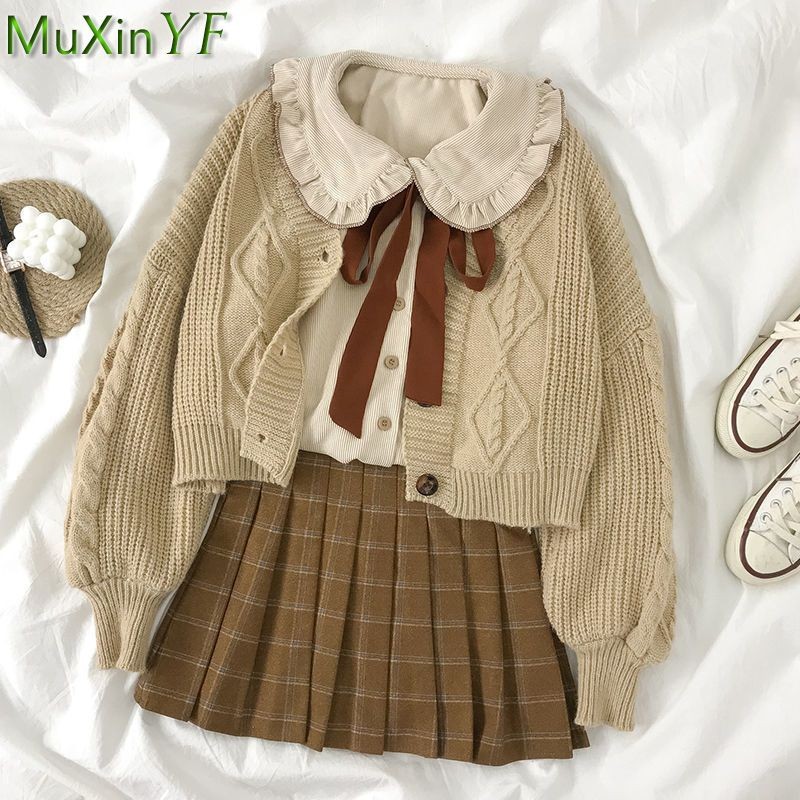 New Autumn Winter Student Clothing Set Korean Women's Preppy Style Knit Jacket Peter Pan Collar Shir