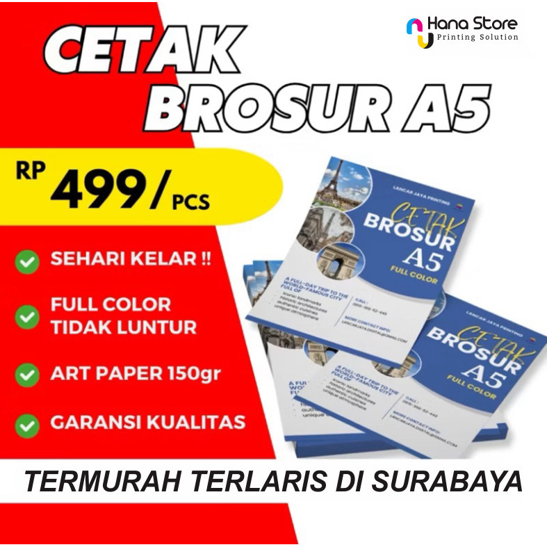 

CETAK Brosur A5 Termurah || Custom Brosur A5 || CETAK Flyer A5 / Brosur 1 Rim ( 1 sisi / 2 sisi )