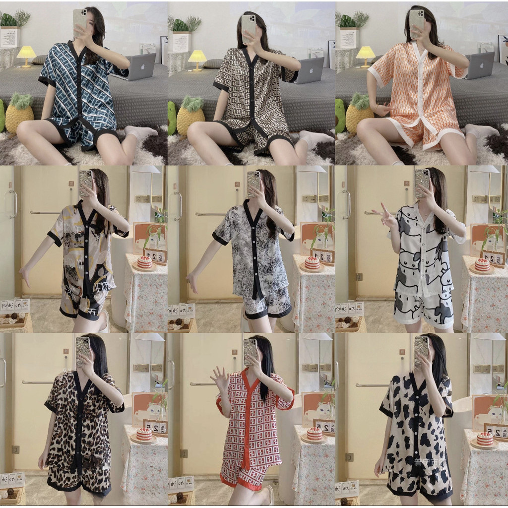 Baju Tidur Piyama Wanita Set Kemeja Celana Lengan Pendek Pakaian Fashion Sapi Leopard Macan Tutul KD