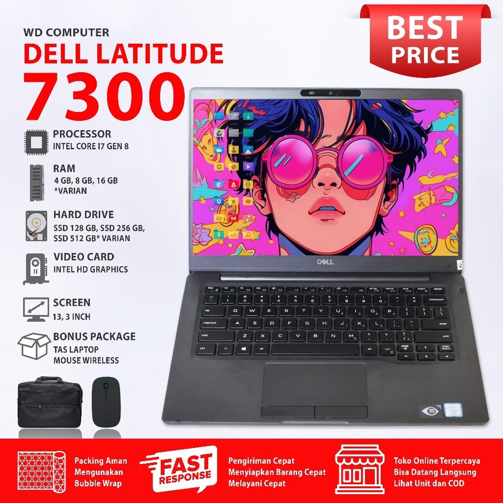 Laptop Dell 7300 Intel Core I7 Gen 8 RAM 8GB SSD 256GB Layar 13inch Hitam Windows 10 Bonus Tas dan Mouse Wireless