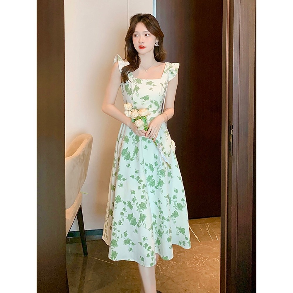 green dress hijau korean style long dress sage bunga elegant casual flower dress floral wanita kekin