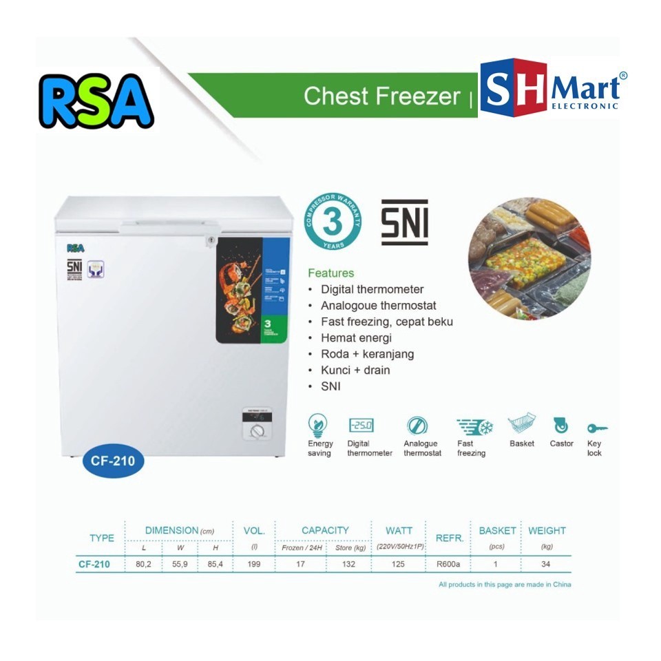 CHEST FREEZER RSA CF-210 / Freezer Box RSA CF 210 / CF210 200 LITER (MEDAN)