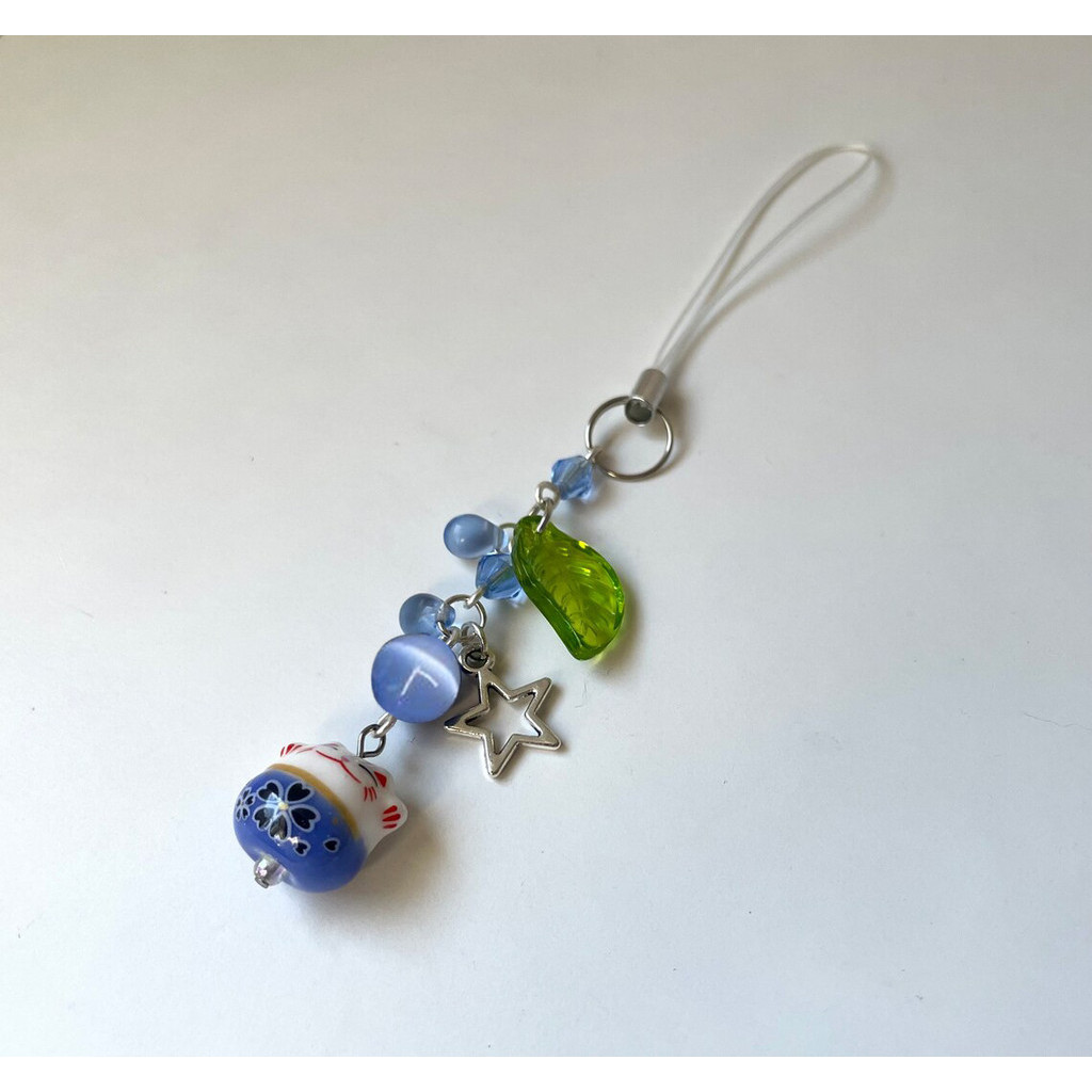 Handmade blue lucky cat phone charm | cat charm | phone accessories | leaf charm | blue lucky cat Ke