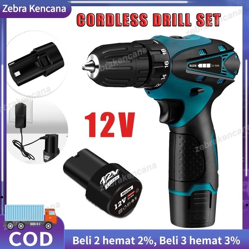 Cordless Drill Set 12V - bor cordles/mesin bor tangan alat tukang kayu mesin perkakas /bor batrei Me
