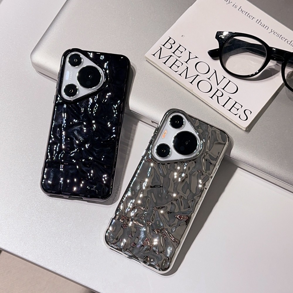Glossy Black Silver 3D Pleats Skin Phone Case Untuk Huawei P20 P30 P40 P50 P60 Pura 70 Mate 20 30 50