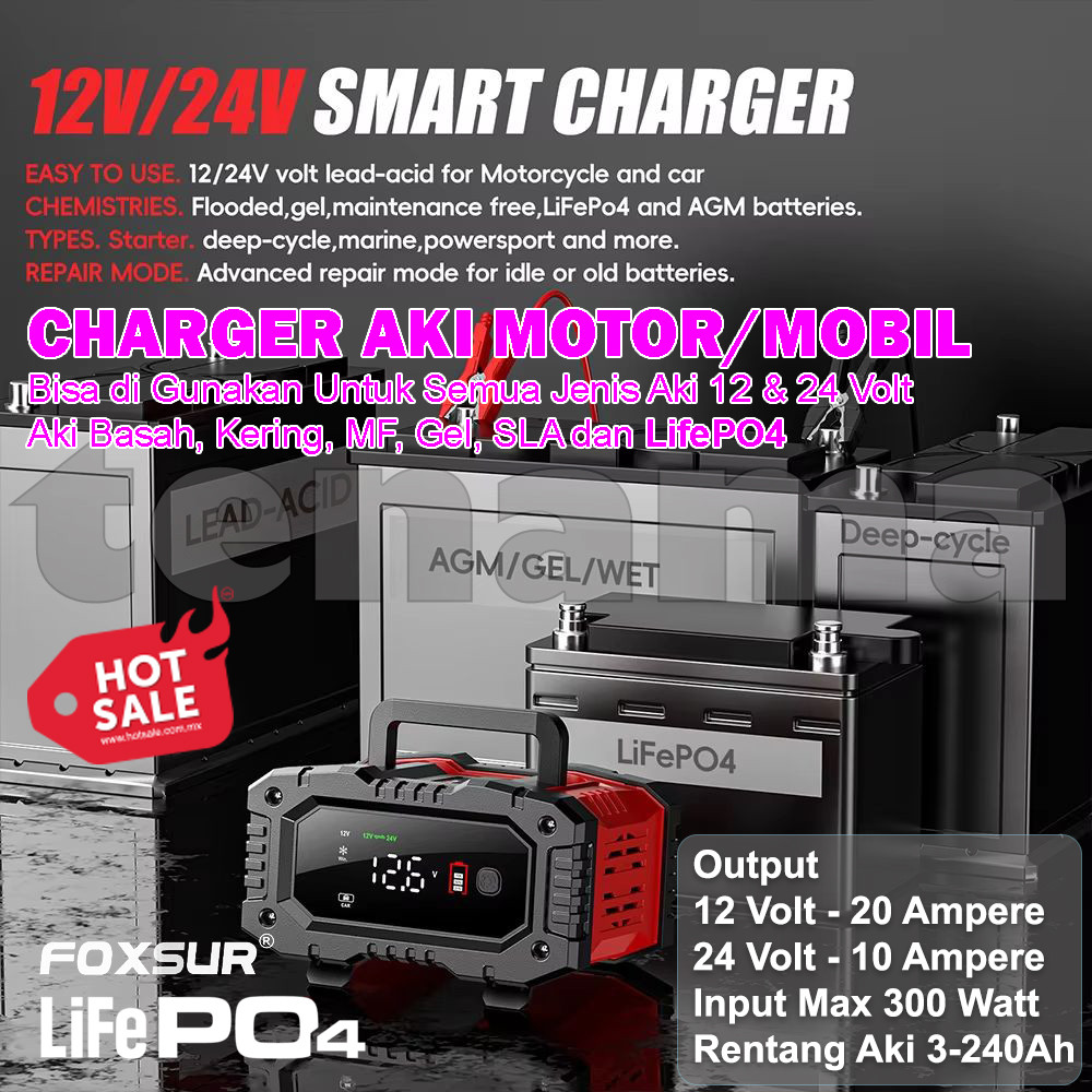 FOXSUR Smart Charger Aki 12V-20A 24V-10A 300W LifePO4 Mobil Motor FPT-200