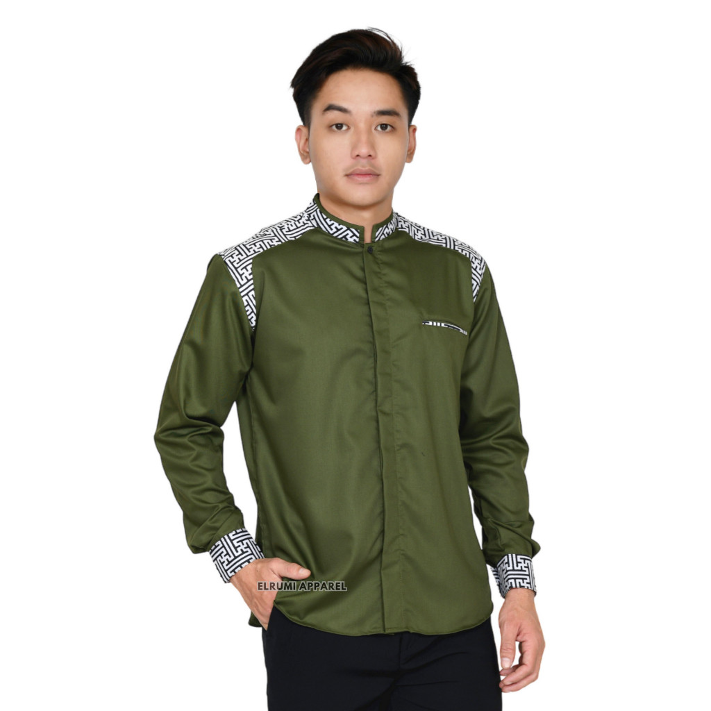 Kemeja cowok Koko modernBaju Koko Pria Lengan Panjang Warna Hijau Olive Kombinasi Batik Motif Araseo