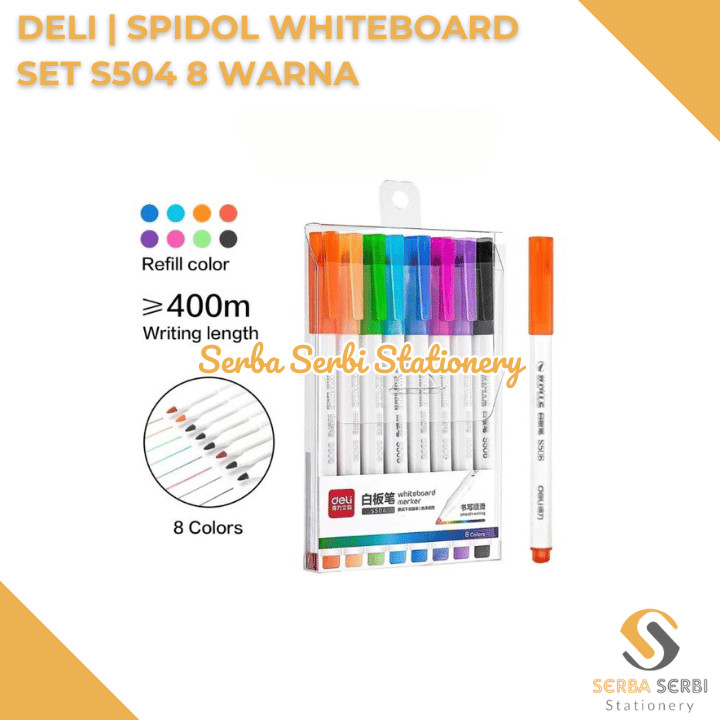 

GROSIR (1 SET ISI 8 WARNA) DELI - SPIDOL PAPAN TULIS / WHITEBOARD PEN MARKER S504