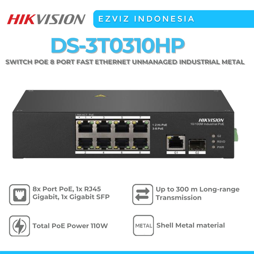 HIKVISION DS-3T0310HP SWITCH POE 8 PORT FAST ETHERNET UNMANAGED INDUSTRIAL METAL