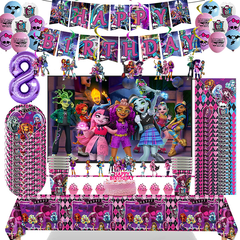 

New Monster High Birthday Party Decoration Latex Balloon Photograph Backdrop Tableware Supplies Banner Cake Topper Baby Shower