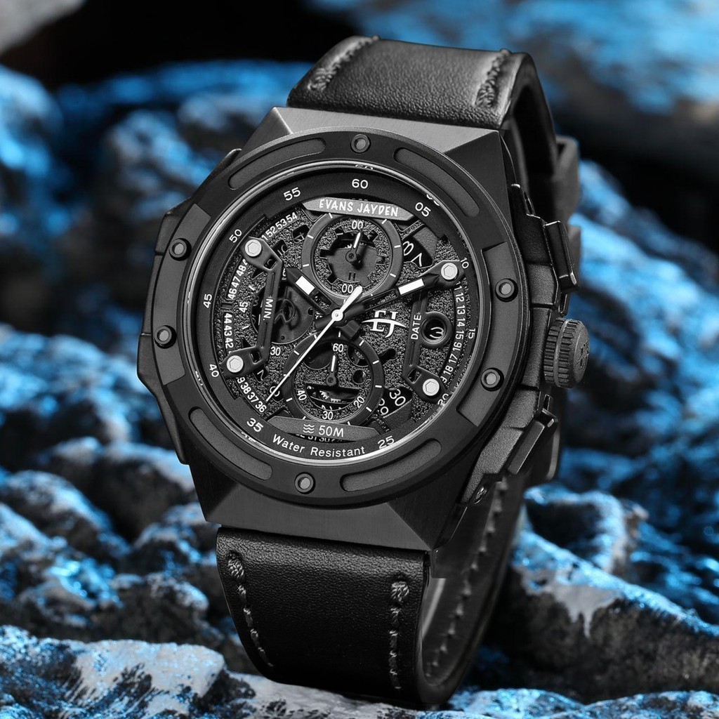 TerlarisEvans Jayden Jam Tangan Pria 9547 Kulit Kaca Safir Chrono Water Resistant 5ATM