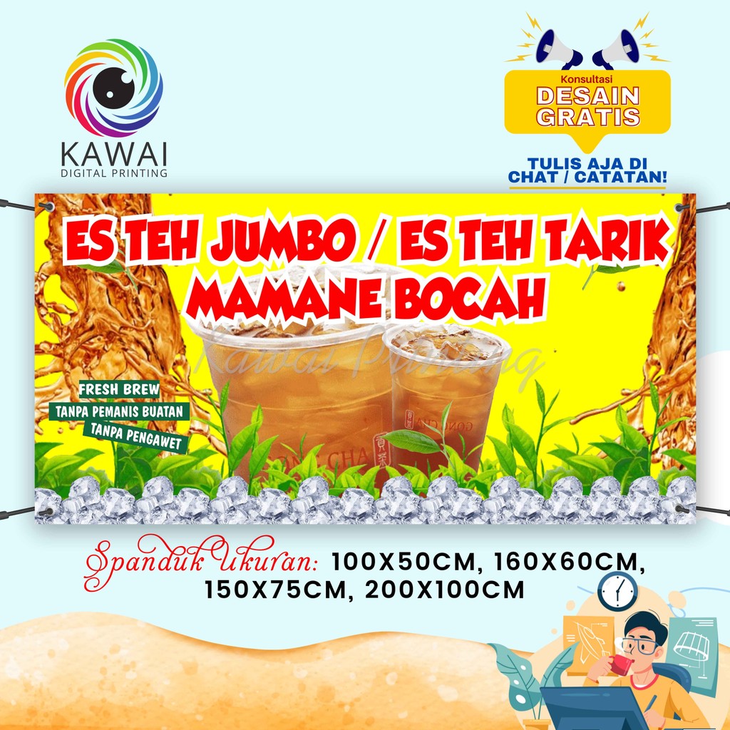 Spanduk Banner MMT Es Teh Jumbo, Es Teh Tarik Segar Kuning Rekuest 200x100 Cm