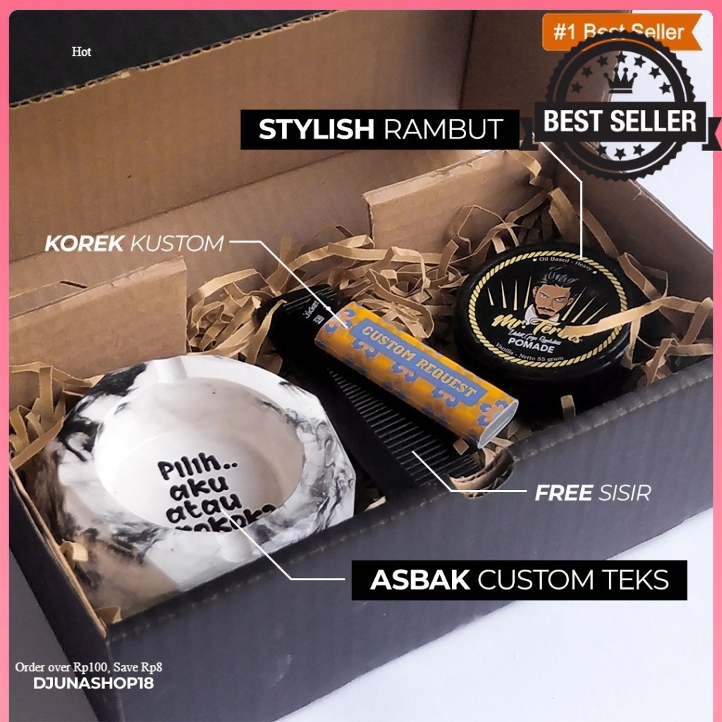 Hampers Pomade Korek Custom Sisir Asbak Ashtray Custom Teks Kado Kado Ulang Tahun Sahabat | Kado Wis