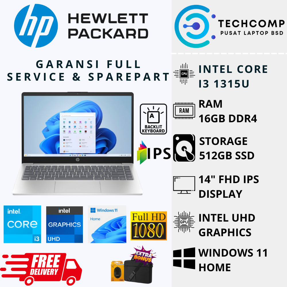 LAPTOP HP 14 INTEL CORE I3 1315U GEN13 RAM 16GB 512GB SSD FHD IPS WINDOWS 11 ORIGINAL HP LAPTOP