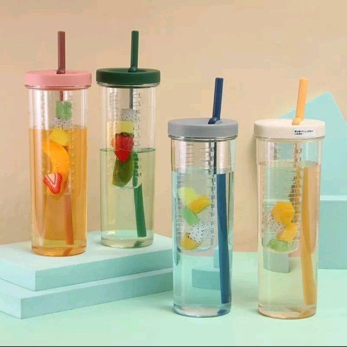 Hongzhuo Botol Minum Transparan Infused Water Botol Minum Sedotan Lipat Botol Minum Buah 1000ml