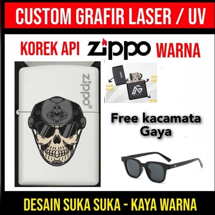 PROMO... Costum Zippo printing gambar Marinir skull free kacamata