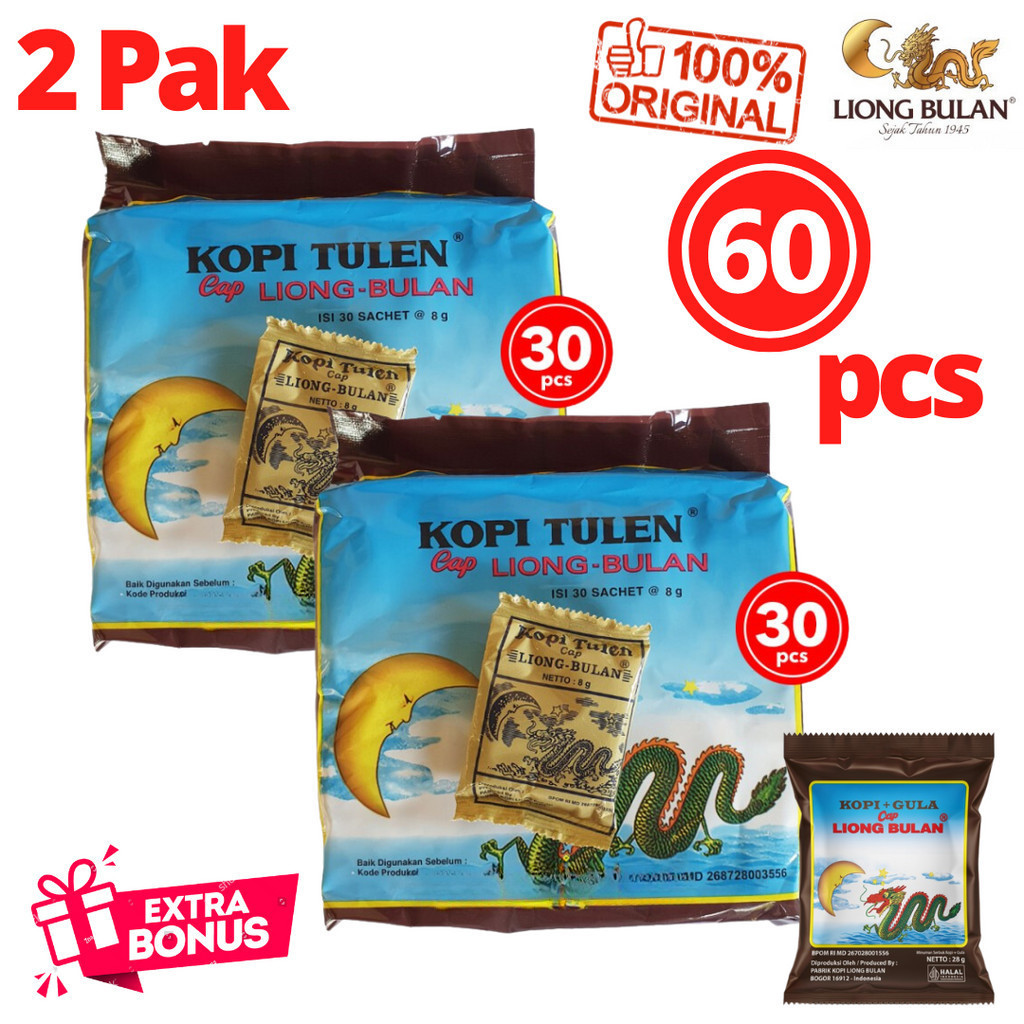 

KOPI LIONG BULAN KOPI TULEN TANPA GULA 2 PAK ISI 60PCS KOPI BUBUK KHAS BOGOR KOPI TUBRUK HITAM FREE BONUS KOPI