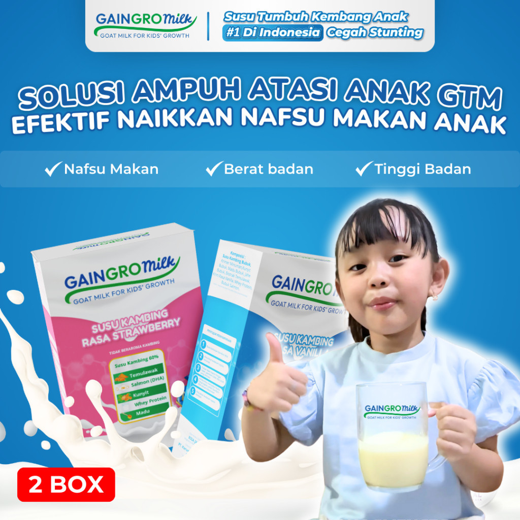 

PAKET 2 BOX GAINGRO MIILK Penambah Nafsu Makan Anak -Susu Kambing untuk Anak Rasa Vanilla & Strawberry joyskincare.bekasi