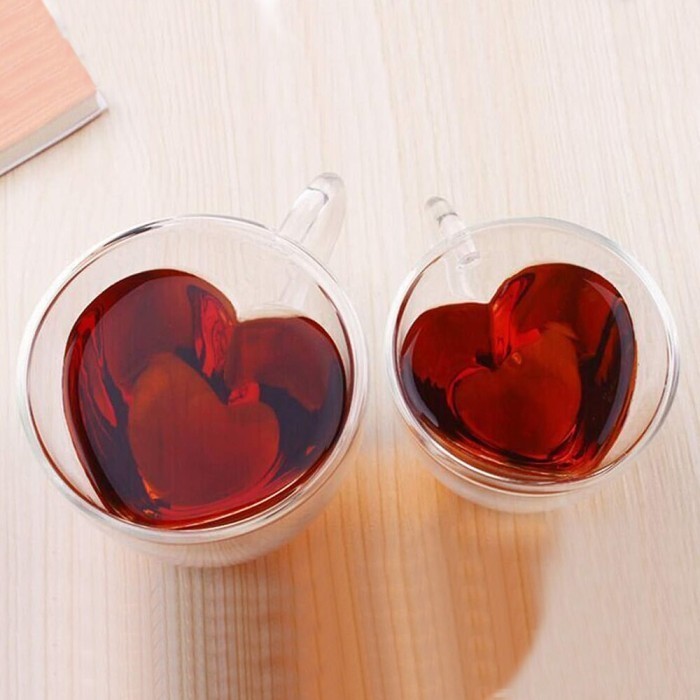 Bentuk Hati Gelas Cangkir Kaca Bentuk Love Double Wall / Cangkir Kopi - TC07 - 240ML