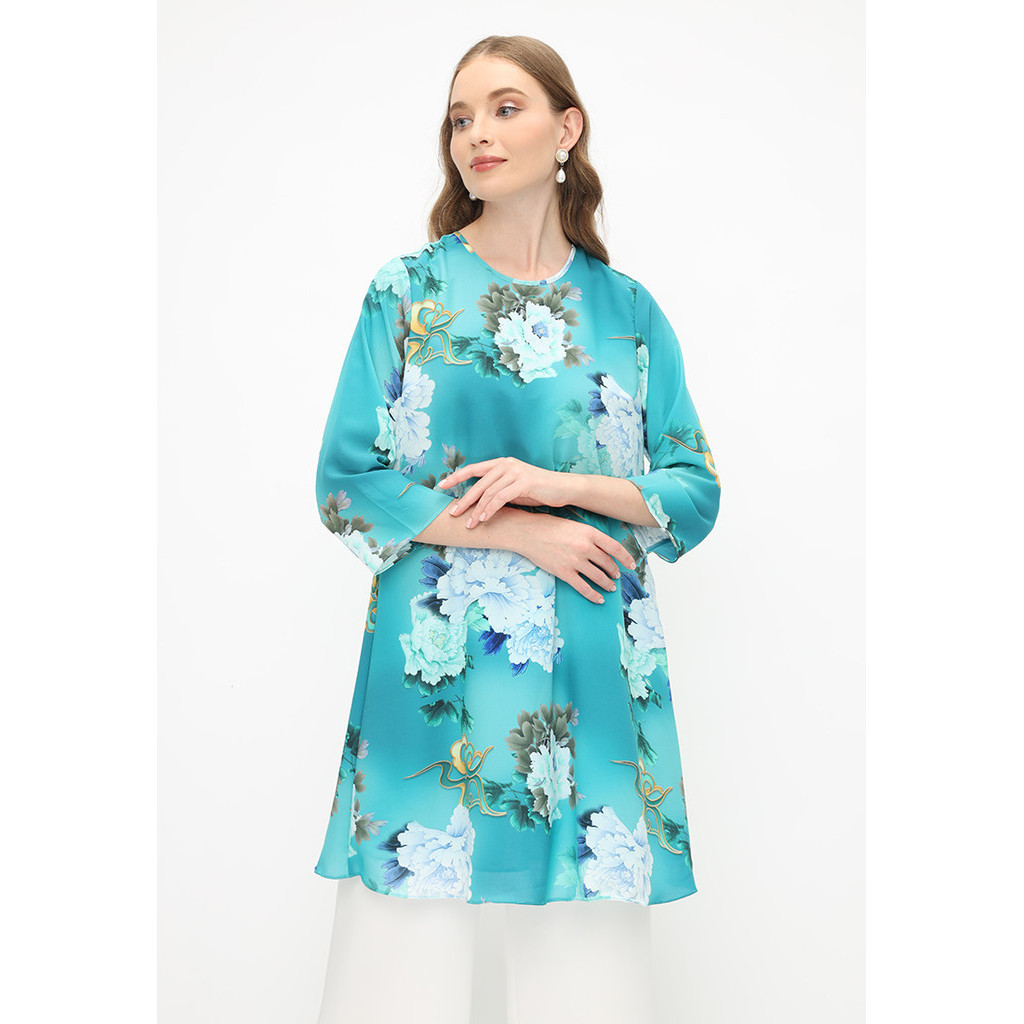Atasan Tunik Wanita Sifon Motif Bunga Mawar Biru Tunik Floral Chiffon Color Blue By Brilliant Girl