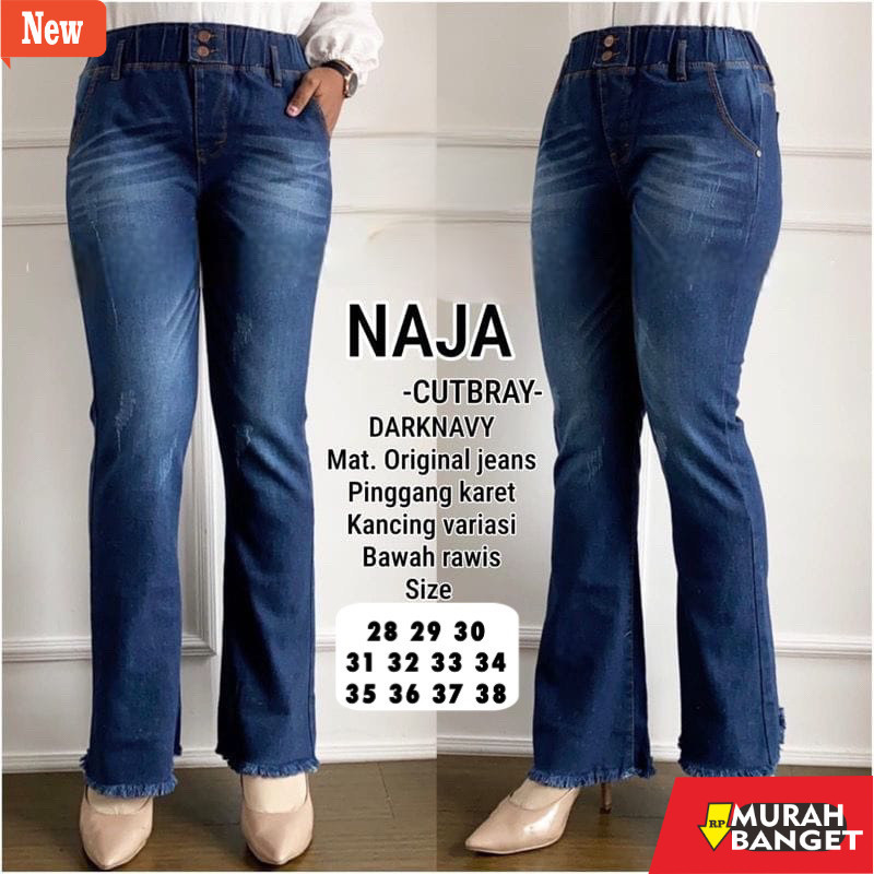 Denim Panjang Wanita NAJA JEANS CUTBRYA PINGGANG KARET SOBEK CAKAR BAWAH RAWIS
