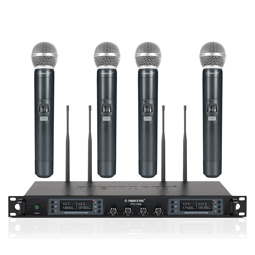 UHF Professional Ｗireless Ｍicrophone Phenyx Pro 4 Channels  Auto Scan Selectable Frequency Metal 100