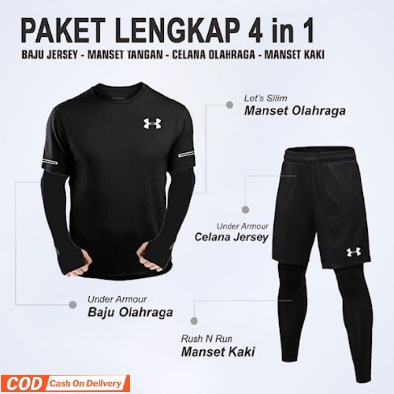Paket Lengkap Setelan Olahraga Pria Baju Kaos Olahraga Dryfit Manset Tangan Lets Slim Manset Kaki Ru