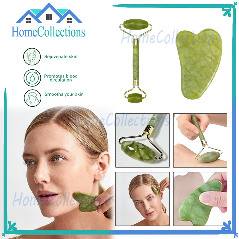 Alat Pijat Muka Wajah Jade Roller/Pijat Wajah Terapi Muka Batu Jade/Roller Giok Guasha Asli Alami Ma