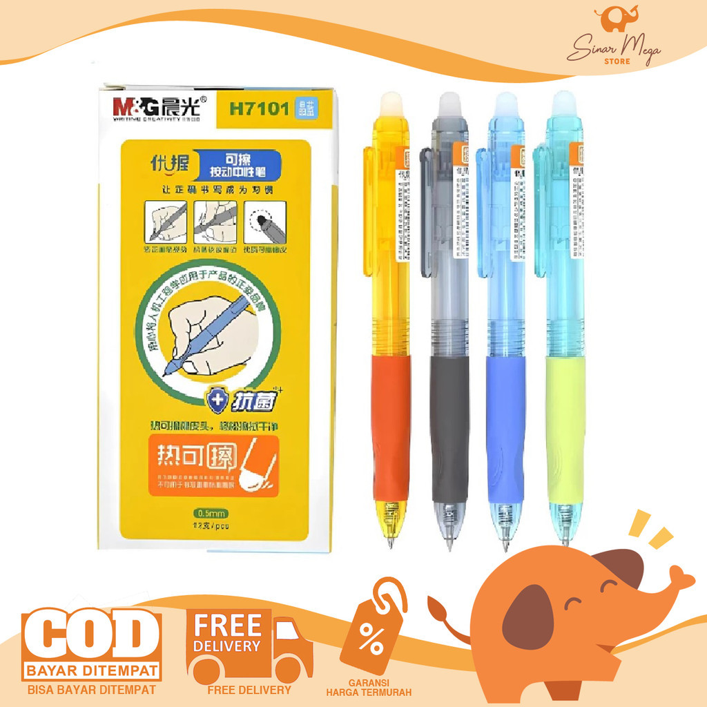 

M&G Erasable Retractable Gel Pen 0.5 Black H7101 Rubber Grip Pulpen Cetek SATUAN Colorful