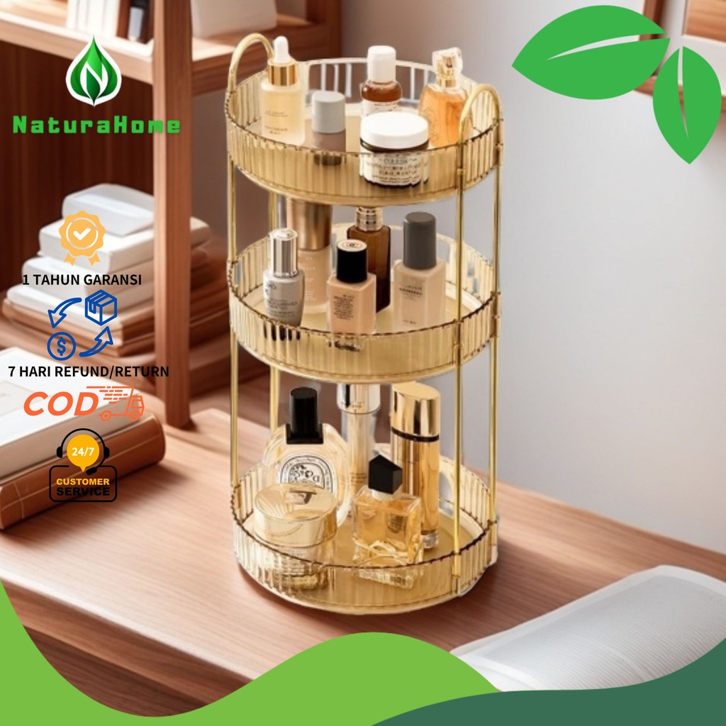 NaturaHome - Rak Putar 360 Derajat 2 3 Tingkat Susun Material Bahan PP Mewah Gold Handle Garis Gelom