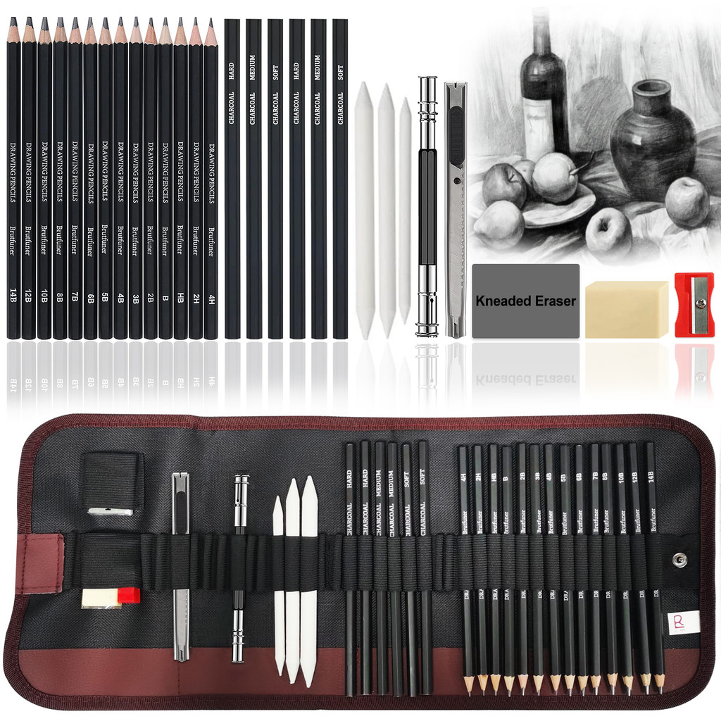 

29Pcs Drawing Kit Sketching Pencils Set,Portable Pen Curtain-Charcoal Pencils, Sketch Pencils, Charcoal Stick,Sharpener,Eraser
