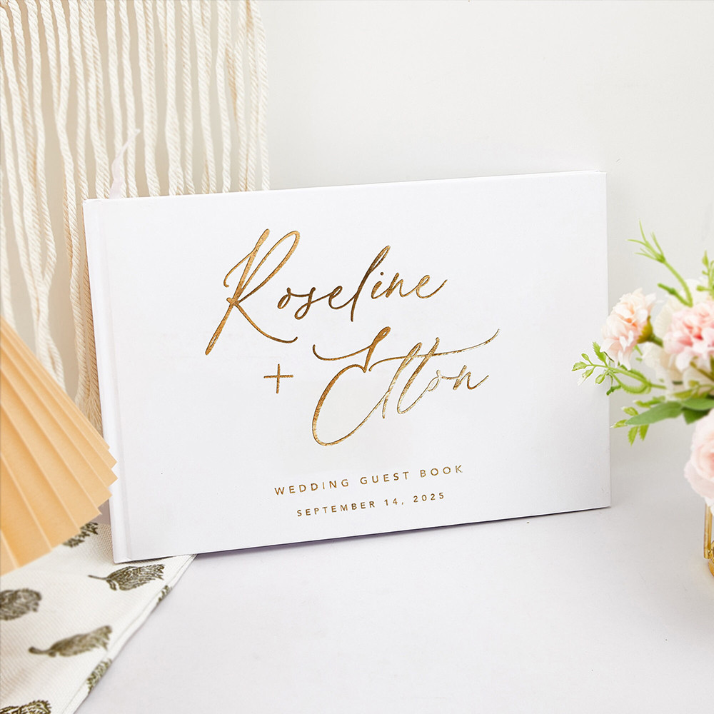 

Personalized White/Black Wedding GuestBook Simple Elegant Wedding Reception Signing Book Landscape Foil Chrome Wedding Keepsake