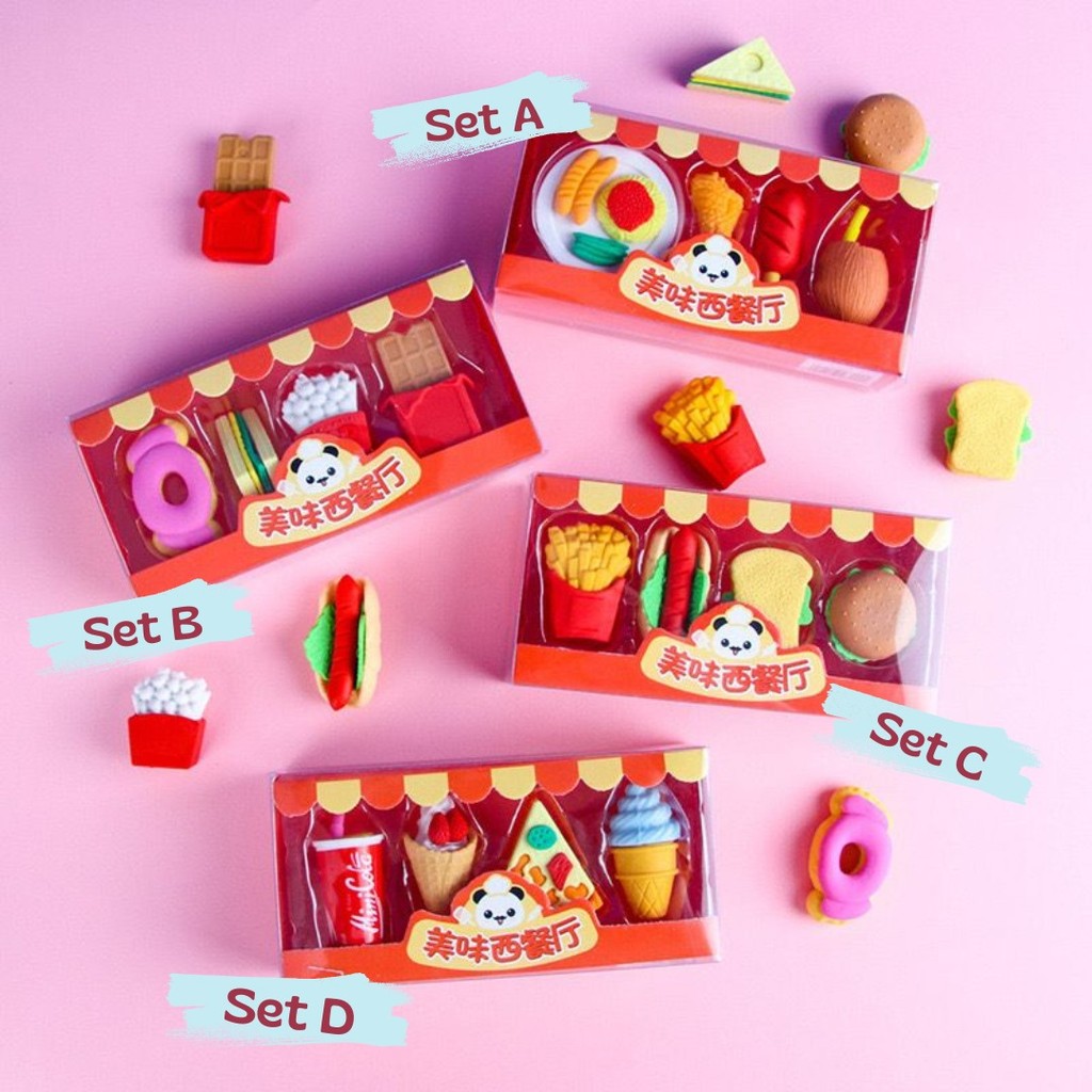

(CFC) ERASER SET ISI 4 FASTFOOD SERIES penghapus alat tulis atk stationery lucu