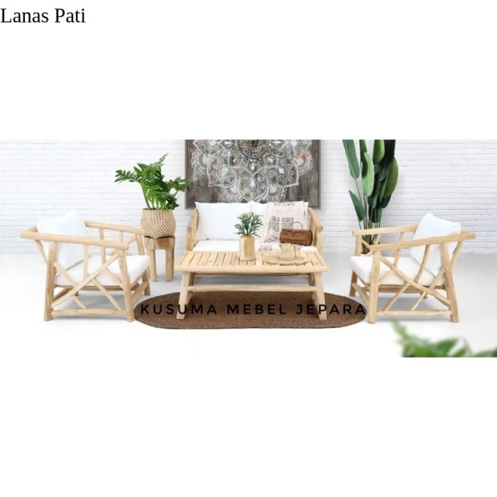 

Set Meja Kursi Tamu Batang Ranting Kayu Jati (1 Meja 3 Kursi + Bantalan Busa) Murah XD8