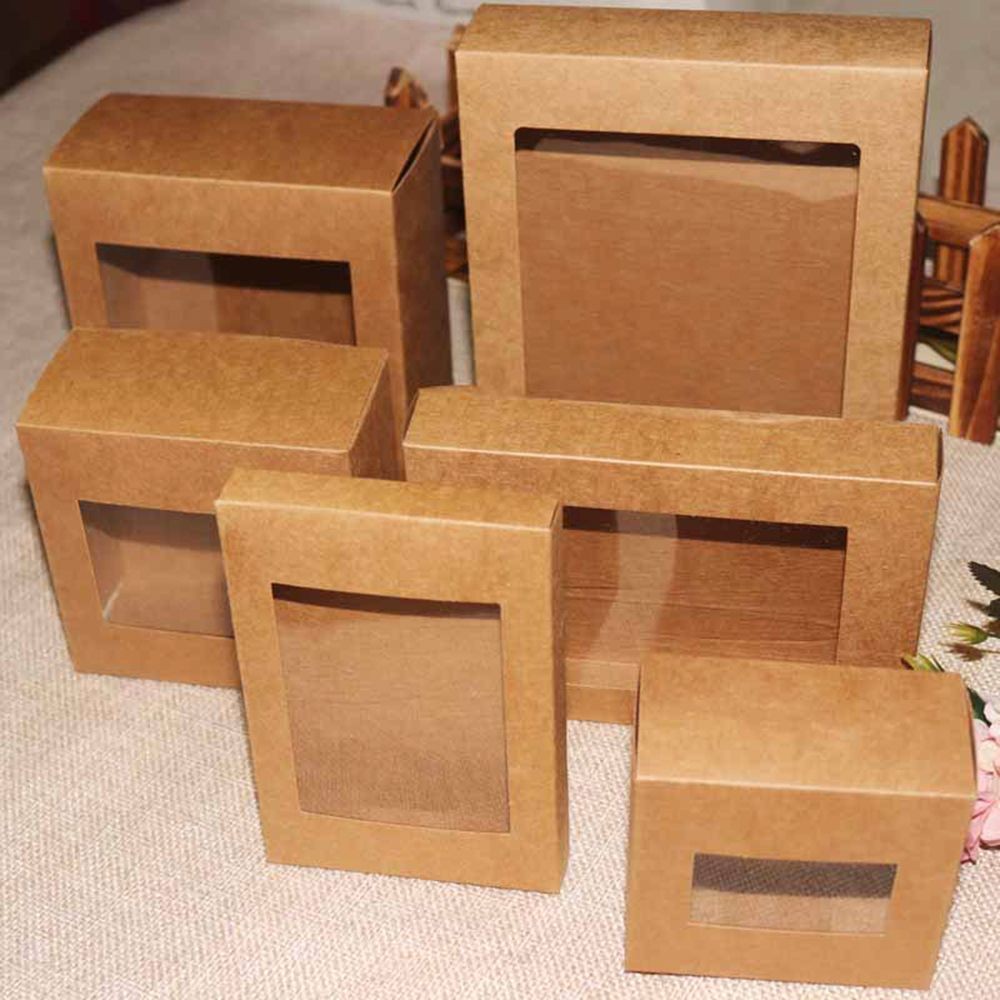 

10 Pcs Hot DIY Vintage Color Kraft Paper Gift Box Package With Clear PVC Window Candy Favors Arts&krafts Display Package Box