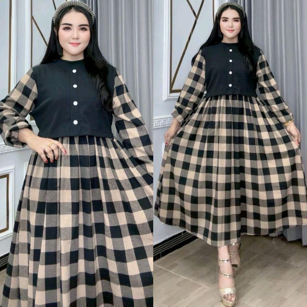 Baju Wanita Midi Dress Indah Kotak Bahan Kaos Knit Kombi Katun Flanel Ld 110 Pb 125